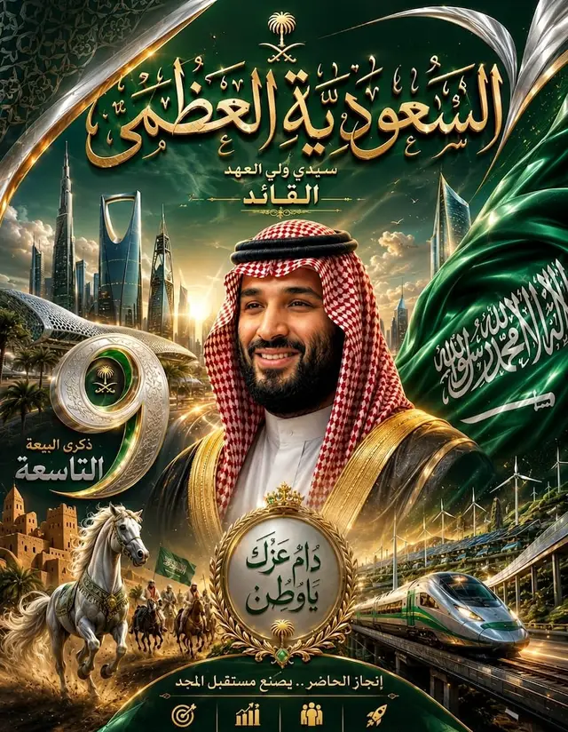 تسعُ سنواتٍ من الطموحِ الذي أصبح واقعًا، والرؤيةِ التي تحوّلت إلى إنجازاتٍ غيّرت وجهَ المستقبل. ففي ذكرى بيعة سيدي ولي العهد الأمير محمد بن سلمان حفظه الله، نفخرُ بقائدٍ استثنائيٍّ قاد السعودية إلى آفاقٍ جديدةٍ من المجد والريادة. حفظ الله سيدي ولي العهد، وأدام على السعودية العظمى عزَّها وازدهارها.🇸🇦❤️ #ذكرى_بيعة_ولي_العهد_التاسعة #السعودية_العظمى 