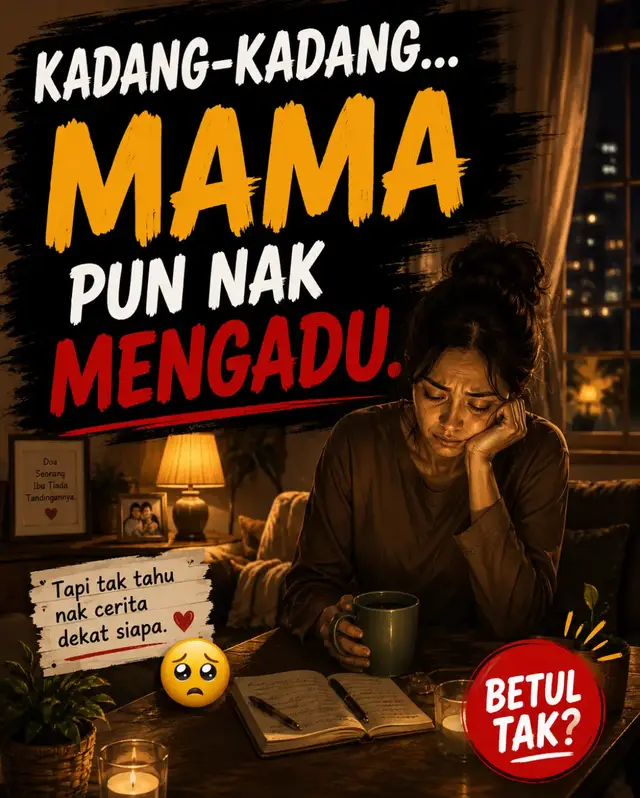 Mama pun nak mengadu. Nak cerita yang mama penat. Nak cerita yang mama kecewa. Nak cerita yang hati mama pun ada hari yang tak kuat. Tapi... bila tengok anak-anak, mama senyum semula. Dan simpan semuanya sendiri. 😔 Orang selalu nampak mama kuat. Orang selalu nampak mama boleh urus semuanya. Tapi tak ramai yang tahu... ada malam-malam tertentu, mama pun perlukan bahu untuk bersandar. Mama pun perlukan seseorang untuk mendengar. ❤️ Cuma kadang-kadang... mama tak tahu nak cerita dekat siapa. 💬 Peluk jauh untuk semua mama yang sedang memendam rasa seorang diri. ❤️ TERASA?  #MamaCeritaReal #HatiSeorangIbu #MakMakMalaysia #CeritaKeluarga #MamaKuat 