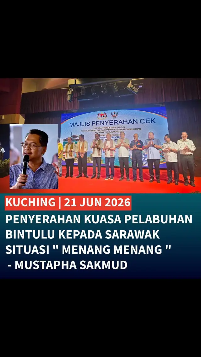KUCHING, 21 Jun 2026 – Penyerahan kuasa kawal selia Pelabuhan Bintulu kepada Sarawak disifatkan sebagai pencapaian paling signifikan dalam pelaksanaan Perjanjian Malaysia 1963 (MA63) sejak pembentukan Malaysia, sekali gus mewujudkan situasi “menang-menang” kepada Kerajaan Sarawak dan Kerajaan Persekutuan. Menteri di Jabatan Perdana Menteri (Sabah dan Sarawak), YB Datuk Ts. Mustapha Sakmud, berkata tuntutan itu telah diperjuangkan dan dirundingkan merentasi beberapa pentadbiran, namun penyelesaian perundangan dan pelaksanaannya berjaya dimuktamadkan di bawah kepimpinan Perdana Menteri, YAB Dato’ Seri Anwar Ibrahim. “Penyerahan kuasa ini bukan sahaja mengiktiraf hak dan kedudukan Sarawak sebagai rakan pengasas Malaysia, malah membuktikan pelaksanaan MA63 boleh dilaksanakan dalam semangat kerjasama yang menghasilkan situasi menang-menang kepada Sarawak dan Persekutuan,” katanya dalam kenyataan media hari ini. Beliau berkata Sarawak memperoleh peranan lebih besar dalam pengurusan aset strategik, manakala Malaysia mendapat manfaat daripada pembangunan hab logistik, perindustrian dan tenaga hijau bertaraf dunia yang akan memacu pertumbuhan ekonomi negara pada masa hadapan. Datuk Mustapha memaklumkan komitmen Kerajaan MADANI terhadap MA63 dibuktikan melalui tindakan perundangan. Kelulusan Rang Undang-Undang Lembaga Pelabuhan Bintulu (Pindaan) 2024 dan Rang Undang-Undang Perlembagaan Persekutuan (Pindaan) 2024 oleh Dewan Rakyat pada 15 Julai 2024 membuka lembaran baharu hubungan Persekutuan-Sarawak. Katanya, transformasi Pelabuhan Bintulu perlu dilihat sebagai langkah strategik melangkaui kepentingan negeri. Pelabuhan itu kini bukan lagi sekadar hab eksport gas asli cecair (LNG) terbesar negara, tetapi sedang berkembang sebagai pusat perindustrian, logistik dan tenaga hijau penting bagi Malaysia dan rantau Asia Pasifik. Usaha pemodenan sedang dilaksanakan termasuk pendigitalan sistem operasi, penggunaan teknologi automasi serta peningkatan kecekapan pengurusan bagi memastikan Bintulu kekal berdaya saing. Langkah itu turut menyokong aspirasi mencapai sasaran pelepasan karbon sifar bersih menjelang 2050 melalui operasi mampan dan mesra alam. “Kedudukan strategik Bintulu, ditambah kelebihan Sarawak memiliki sumber tenaga boleh diperbaharui khususnya hidroelektrik berskala besar, menjadikan kawasan ini semakin menarik kepada pelabur antarabangsa yang beralih kepada operasi rendah karbon. Perkembangan ini berpotensi menjadikan Sarawak hab utama industri hijau, tenaga bersih dan pembuatan bernilai tinggi,” katanya. Datuk Mustapha menegaskan pelaksanaan MA63 tidak harus dilihat sebagai kehilangan kuasa Persekutuan, sebaliknya sebagai pengukuhan Malaysia melalui pengiktirafan hak, peranan dan potensi sebenar Sabah dan Sarawak sebagai rakan pengasas. “Kerajaan MADANI di bawah kepimpinan YAB Perdana Menteri Dato’ Seri Anwar Ibrahim akan terus bekerjasama erat dengan Kerajaan Sarawak pimpinan YAB Tan Sri Abang Johari Tun Openg bagi memastikan setiap kejayaan pembangunan diterjemahkan kepada manfaat langsung kepada rakyat melalui peluang pekerjaan, peningkatan pelaburan, infrastruktur moden dan pertumbuhan ekonomi mampan,” katanya. #fyp #sabahancrew_fams #sarawak 