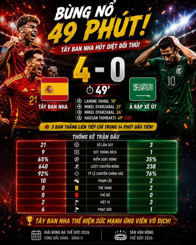 😳 49 PHÚT - 4 BÀN THẮNG! Tây Ban Nha đang biến trận đấu thành buổi tập sút bóng! 📊 21 cú sút vs 3 📊 9 cú sút trúng đích vs 1 📊 640 đường chuyền vs 238 Sự chênh lệch quá khủng khiếp! 🔥 Tây Ban Nha mạnh thật hay đối thủ quá yếu? 👇 Tranh luận ngay bên dưới! #TikTokFootball #WorldCup2026 #SpainNationalTeam #BongDa