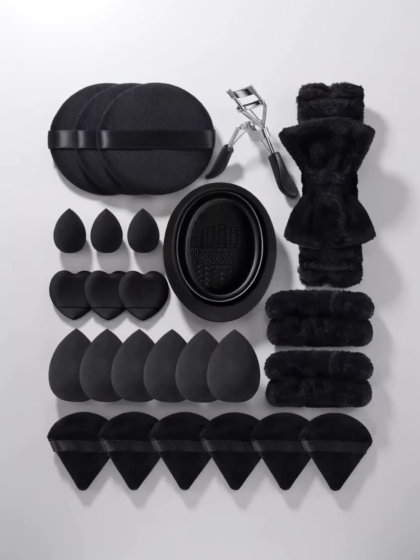 27Pcs Black Makeup tool Set,Reusable Large Clean Pads,Multi-Shape Beauty eggs,Finger Triangle Powder Puffs,Silicone Brush Cleaner Bowl,Eyelash Curler,Bow Fleece Headband & Hair Wrist Bands Complete Skincare Makeup Tool Kit for Beginners, Fluffy, Cosmetic #DealsforYouDays #Makeup #tool #Set #Beginners