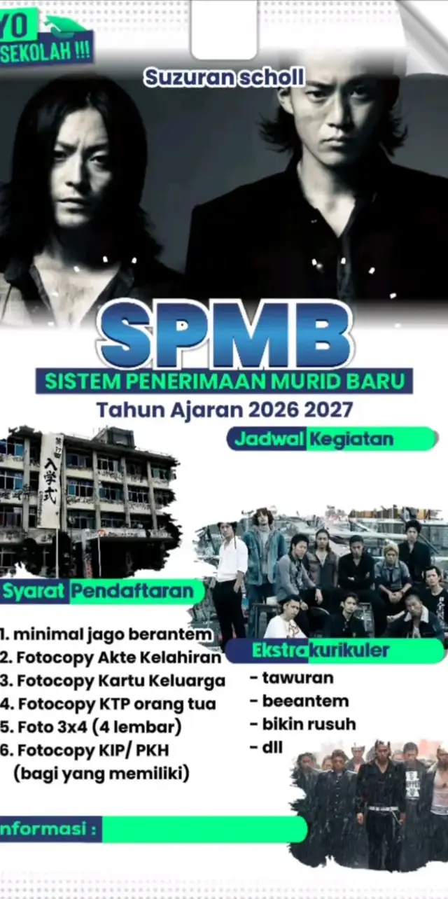Buat adik adik yang baru lulus SMP masih bingung mau lanjut kemana, bisa langsung daftar ke SMA Suzuran😁 #crowszero #spmb20262027 #suzuranhighschool #justforfun #fypシ゚viral 