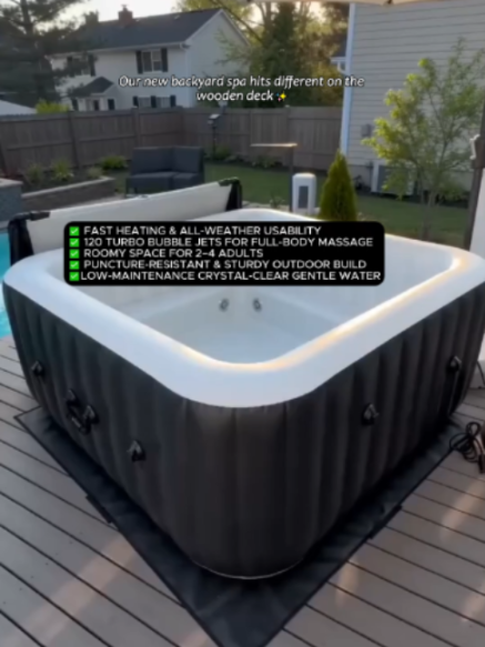 Our new backyard spa hits different on the wooden deck✨#DealsforYouDays #SummerWins #relaxathome #inflatablehottub #athomespa