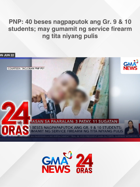 Babala: Sensitibong balita na may kinalaman sa pamamaril. Maging disente sa pagkomento. Umakyat pa sa 11 ang sugatan sa pamamaril sa Tacloban. Tukoy na ng pulisya kung kanino ang mga armas na ginamit ng mga estudyanteng namaril. Ang isa sa kanila, kinuha ang baril ng tiyahin niyang pulis. | 24 Oras #BreakingNewsPH #GMANews #24Oras