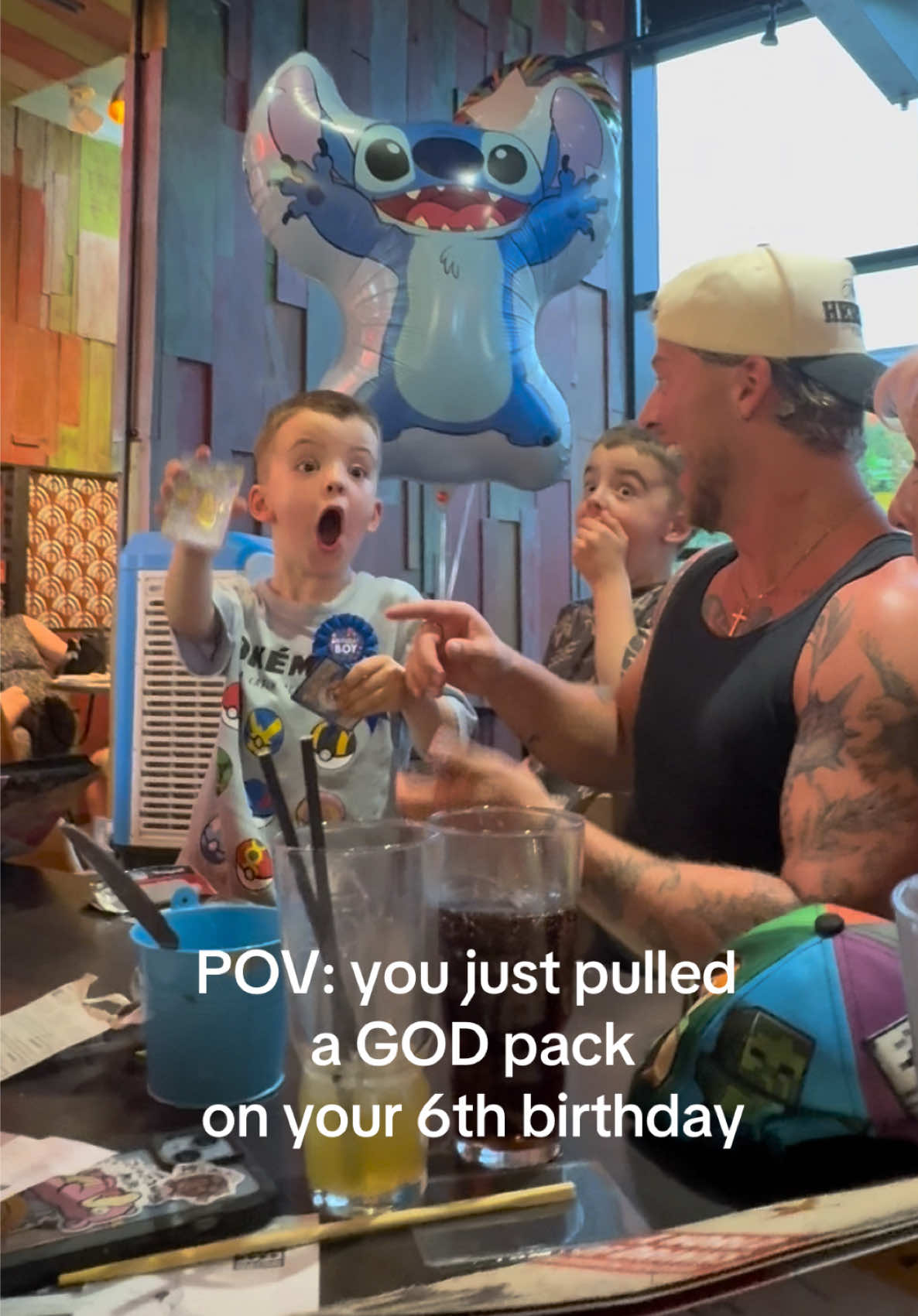 POKEMON FANS LOOK AWAY!!!! He just pulled a GOD pack on his 6th birthday in a restaurant 😂 what are the odds !!!! #pokemoncommunity #pokemon #godpack #godpackopening #surgingsparks 