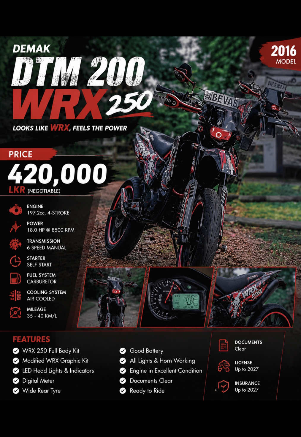 ඇලඩීන් ගේ රෙඩ් ඩීමන්  🔥 WRX DEMAK DTM 200WRX EDITION 🔥 🏍️ 4200CC Edition Style 🎨 WRX Modified Graphic Kit 📅 Year 2016 📄 Original Book & Clear Documents ✅ License & Insurance Up to 2027 ✅ Self Start Working ✅ All Lights, Meter & Indicators Working ✅ Good Battery 💰 Price: LKR 420,000 (Negotiable) ⚡ Stylish WRX Look ⚡ Ready to Ride ⚡ Best Value for Money #damithayya #DemakDTM150 #WRXEdition #BikeForSale #SriLankaBikes       🏍️🔥