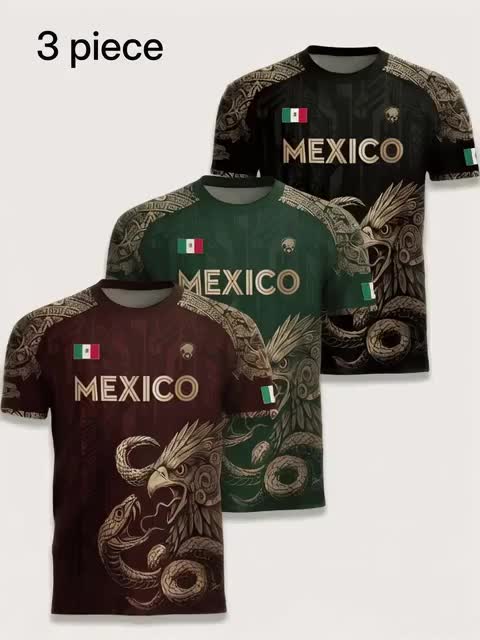 3-Pack Men's Round Neck T-Shirts, Moisture-Wicking Gym Training Sportswear, Athletic Tee, Casual Training Top, Mexican Pattern Design, Lightweight Gym & Beach Tees, Casual Sporty Top, Casual Daily Wear #shirts #sportswear #mexicofootballshirt #workoutfitsforwomen #unisexgraphictee #socceroutfits #mensathleticwear #gymtanktop #sportsmusthave #footballtrainingshirt