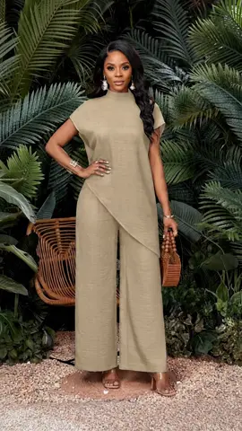 Women's Summer Stand Collar Asymmetrical Top & High Waist Wide Leg Pants Suite, Casual Two Piece for Office Wear #أزياء_صيفية_لطيفة #stripedtwopieceset #womensfauxtwopieceworkoutset #topandshortsset #shapewearjumpsuit #longsleevejumpsuit #casualsummeroutfitideasforwomen #womenpajamaset #summertwopieceoutfit #maternityjumpsuit