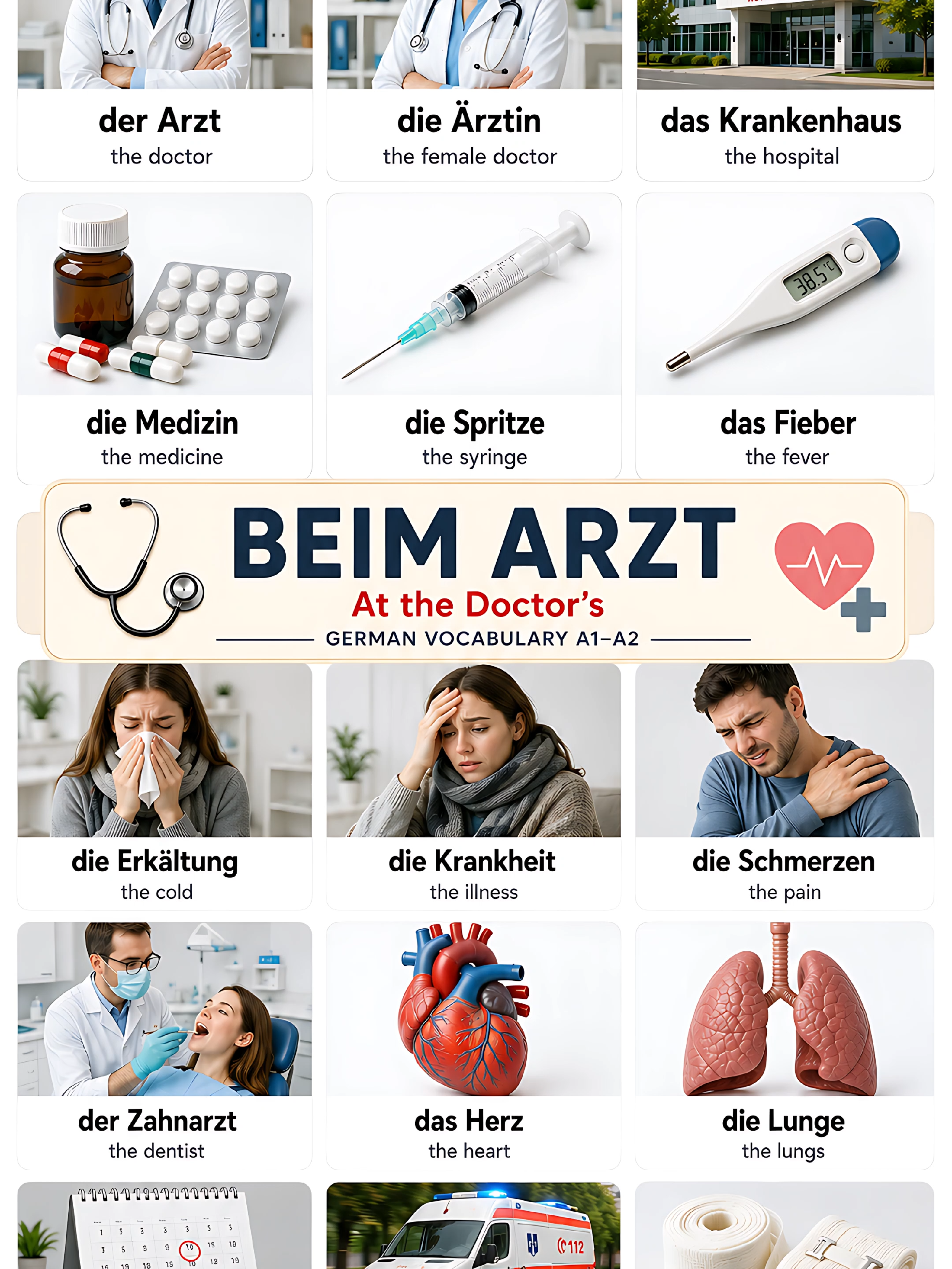 Learn 15 essential German words for visiting a doctor, pharmacy, or hospital. 👨‍⚕️ Doctor & medical staff 💊 Medicine & treatment 🌡️ Common illnesses and symptoms ❤️ Parts of the body 🚑 Emergency and healthcare vocabulary These words are especially useful for everyday life in Germany and can help you communicate more confidently in medical situations. Save this post and grow your German vocabulary with VOKABELKA! 🇩🇪📚 #deutschlernen #deutsch #beimarzt #germanvocabulary #learngerman #germanlanguage #wortschatz #a1deutsch #a2deutsch #medizin #hospital #doctor #deutschfüranfänger #vokabeln #sprachlernen #germanwords #deutschkurs #germantiktok #learnlanguages #vokabelka