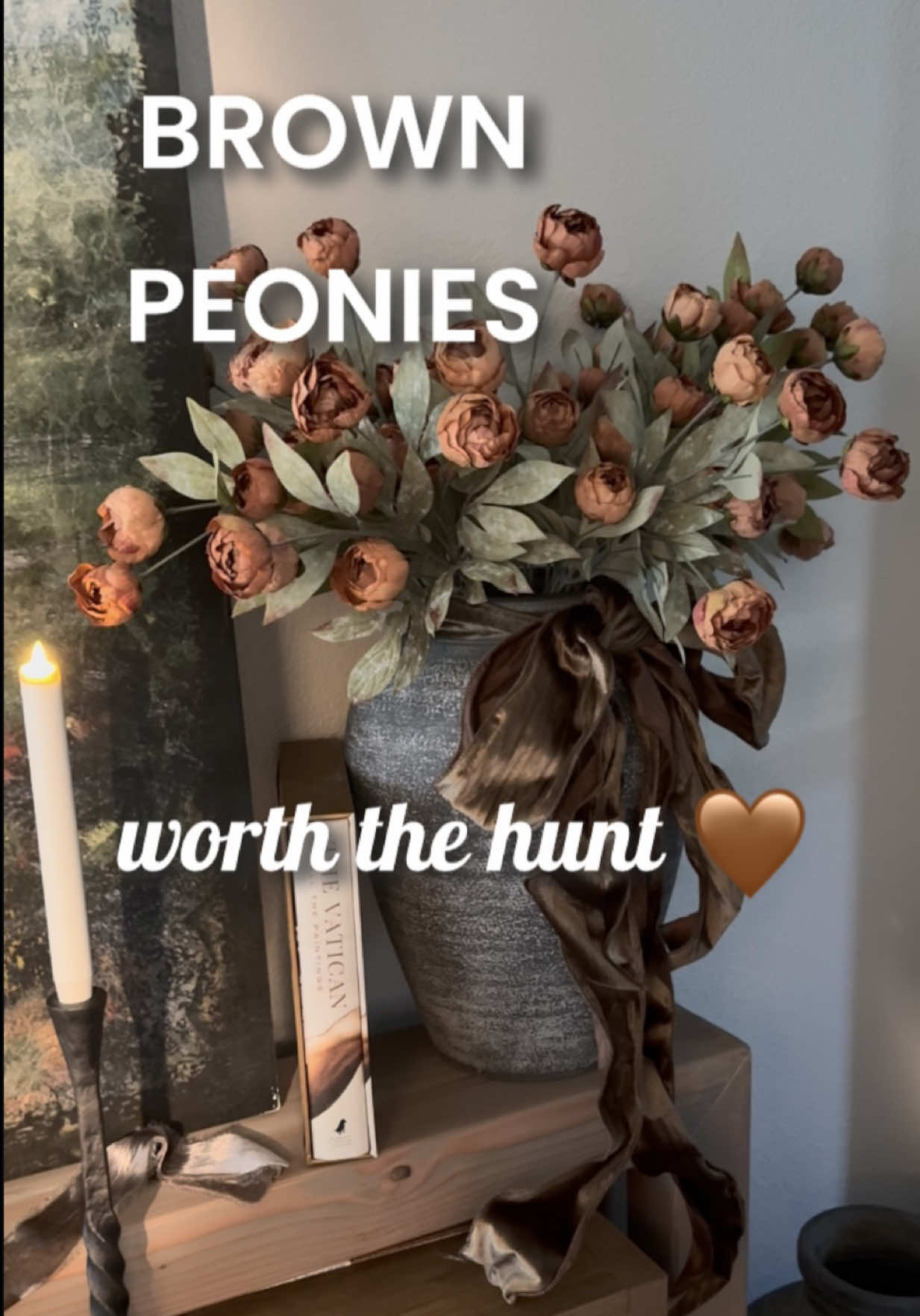 Sometimes the prettiest finds are the hardest to find. 🤎 These viral Michaels peonies took some hunting, but they completely changed this corner of my home. Curated over copied.                               #BrownPeonies #HomeDecor #QuietLuxury