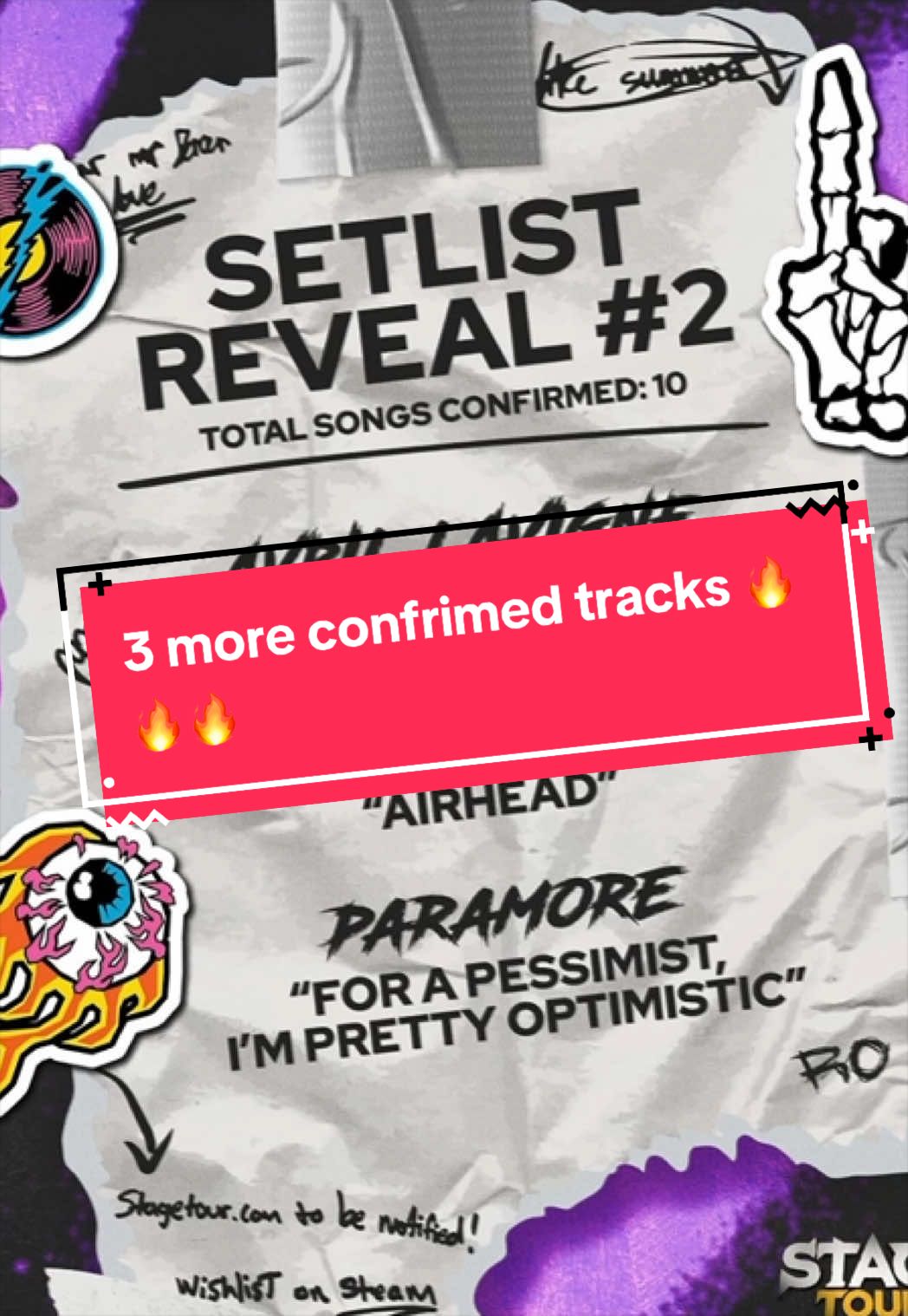 The latest song reveals for Stage Tour are exactly what rhythm game fans have been hoping for. With “Bite Me” by Avril Lavigne, “Airhead” by Honey Revenge, and “For a Pessimist, I’m Pretty Optimistic” by Paramore joining the setlist, the game continues to build an incredible mix of modern pop-punk and alternative rock. These three tracks were officially announced today, bringing the confirmed soundtrack to 10 songs.   “Bite Me” delivers Avril Lavigne’s signature pop-punk attitude with catchy riffs and high-energy vocals that are perfect for a rhythm game. “Airhead” by Honey Revenge brings a fresh, fast-paced sound that’s packed with fun guitar work and infectious energy. And “For a Pessimist, I’m Pretty Optimistic” by Paramore is an absolute fan favorite, featuring explosive drums, driving guitars, and the kind of intensity that makes every note chart exciting to play. These are fantastic additions to Stage Tour because they add variety, challenge, and songs that are simply fun to perform. Every new reveal is making the soundtrack stronger, and it’s getting harder to wait for launch. The hype is definitely building, and if these announcements are any indication, Stage Tour is shaping up to be one of the most exciting new rhythm games in years.  @Stage Tour @RedOctane Games @CRKD #stagetour #crkd #newgame #rhythmgame #guitarhero 