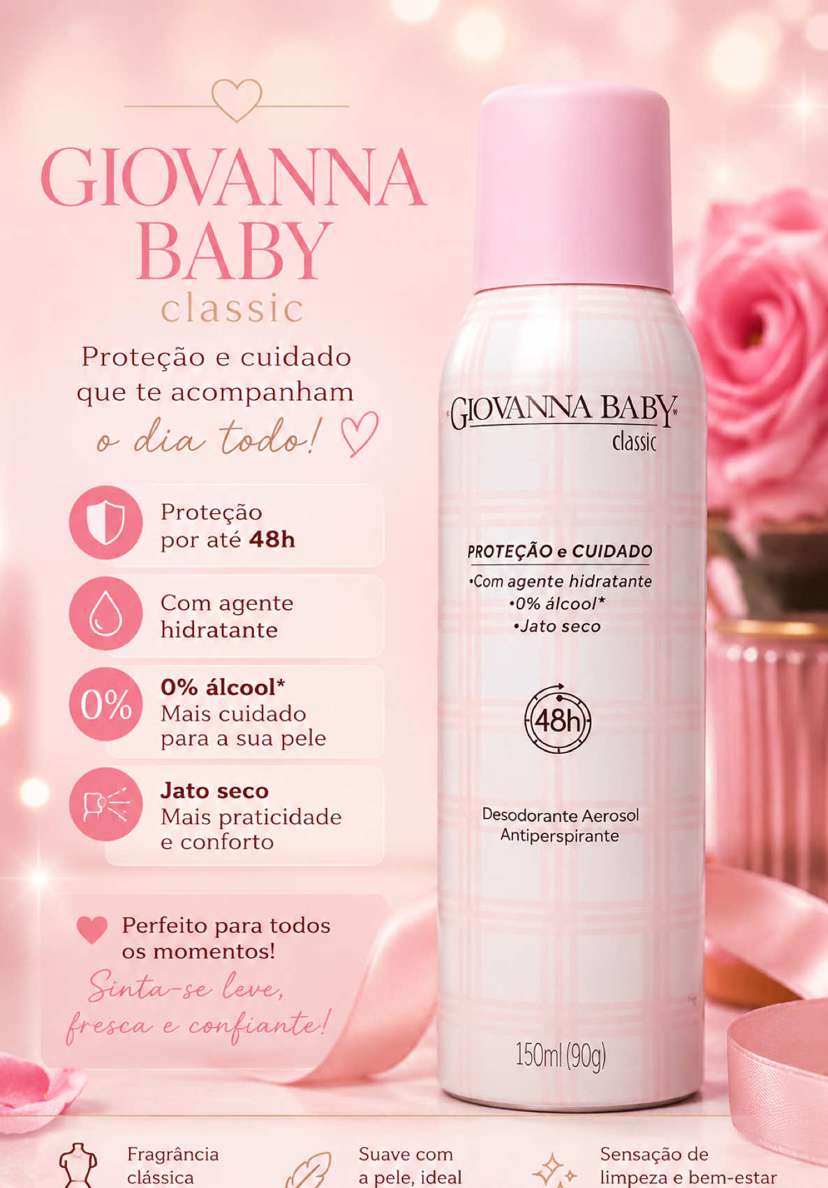 🌸 Giovanna Baby Classic – O cuidado que perfuma o seu dia! 💕 Se você ama uma fragrância delicada e aquele cheirinho de banho tomado, o Desodorante Aerosol Giovanna Baby Classic é a escolha perfeita! ✨ Proteção antitranspirante por até 48 horas* 💗 Com agente hidratante para cuidar da pele das axilas 🌿 0% álcool* 💨 Jato seco, com secagem rápida e sensação de conforto 🌸 A clássica fragrância Giovanna Baby que encanta há gerações. Ideal para quem busca proteção, frescor e um toque de feminilidade todos os dias. 🛍️ Garanta já o seu e descubra por que Giovanna Baby é um dos queridinhos de tantas mulheres!