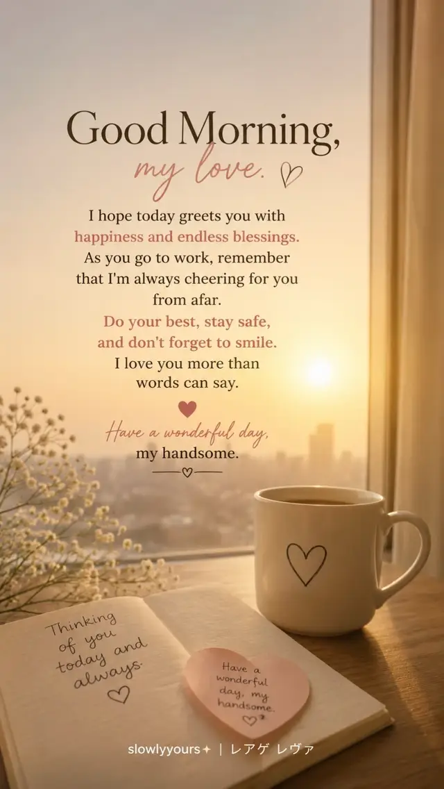 Good morning, my love. ❤️ Distance may keep us apart, but it will never stop my prayers from reaching you. As you begin your work today, I hope happiness finds you in every little moment, your heart stays peaceful, and every challenge becomes another step toward your dreams. Please take care of yourself, work safely, and don’t forget to smile. Somewhere across the distance, someone is thinking of you, believing in you, and loving you more than words can ever express. Have a beautiful day, my favorite person. I’ll be waiting to hear how your day went. ☀️ Tag someone who deserves this morning reminder. 💌 ♡ @slowlyyours ✦ レアゲ レヴァ #GoodMorning #LongDistanceRelationship #LDRLove #MorningMessage #RomanticQuotes          