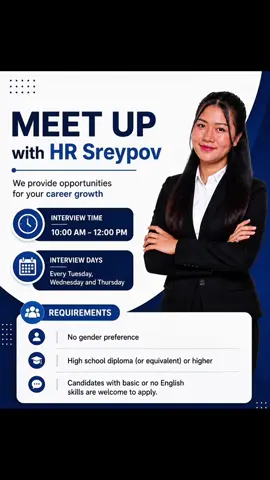 🎉តោះ! កុំអោយឳកាសកាងារដល់ល្អនេះកន្លងផុតណា  ✨ ចូលរួម Meet Up Interview ដោយផ្ទាល់ជាមួយខ្ញុំ HR Sreypov ដើម្បីទទួលបានការសម្ភាសន៍សម្រាប់មុខតំណែងជាច្រើន។ 📌 របៀបដាក់ពាក្យ៖ ✅ បំពេញ Google Form ✅ Upload CV របស់អ្នក ✅ រង់ចាំការទាក់ទងពីក្រុមការងារប្រសិនបើអ្នកត្រូវបានជ្រើសរើស (Shortlisted) 🗓️ ថ្ងៃសម្ភាសន៍៖ រៀងរាល់ថ្ងៃ អង្គារ • ពុធ • ព្រហស្បតិ៍ 🕙 ម៉ោង៖ 10:00 ព្រឹក – 12:00 ថ្ងៃត្រង់ 📍ទីតាំង: ABA Training Center (ក្រោយអគារ42ជាន់) 📞 Contact Information Telegram: @SreypovHR25 Phone : 087 630 214 សូមចូលចុះឈ្មោះតាមរយះ Google Form និងភ្ជាប់ CV របស់អ្នកតាមតំណរលីងខាងក្រោម ក្នុង comment✨👉 សូមបំពេញព័ត៌មានរបស់អ្នកឱ្យបានត្រឹមត្រូវ។ Google Map: https://maps.app.goo.gl/n6JGHTH2RANRSzcy9?g_st=ic #ABAcareer #JobInterview #JoinABA # Jobcareer #ticktock 