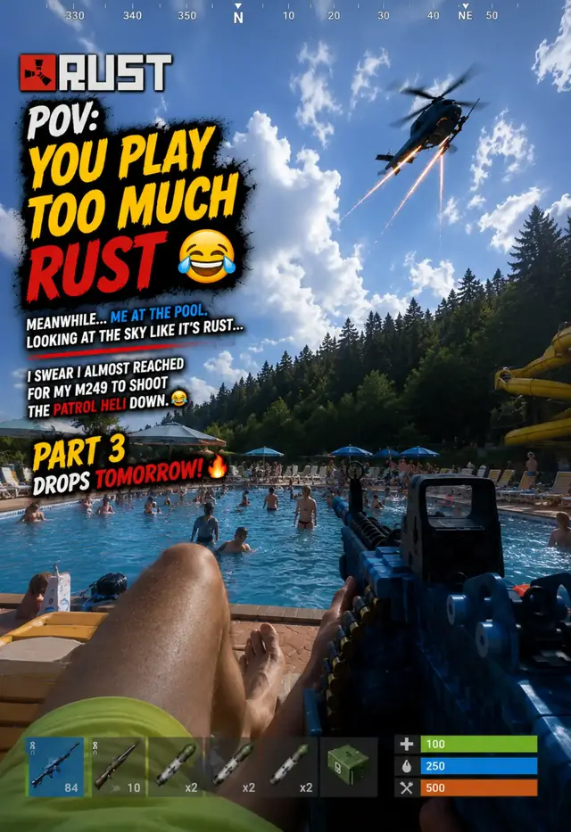 Meanwhile... I'm just trying to relax at the pool... then I look up and almost grab my M249. 😂 Part 3 of the Nightmare Convoy drops tomorrow! 🔥#rustgame #gaming #rust @Heatline.gg #pool 