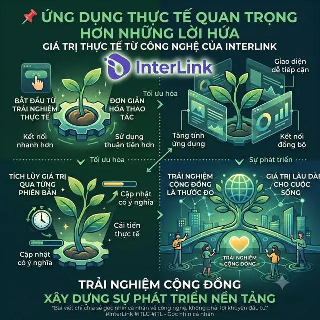 📌 Ứng dụng thực tế quan trọng hơn những lời hứa Trong lĩnh vực công nghệ, một sản phẩm không được đánh giá bằng những kỳ vọng, mà bằng những giá trị mà người dùng có thể trải nghiệm.    Một bản cập nhật có ý nghĩa không nhất thiết phải bổ sung quá nhiều tính năng mới. Đôi khi, chỉ cần giúp người dùng thao tác dễ hơn, kết nối nhanh hơn hoặc sử dụng thuận tiện hơn cũng đã là một bước tiến đáng ghi nhận.    Qua những cập nhật gần đây, InterLink đang từng bước mở rộng các tính năng theo hướng tăng tính ứng dụng trong thực tế. Điều này cho thấy sự chú trọng vào trải nghiệm người dùng thay vì chỉ tập trung vào yếu tố kỹ thuật.    Theo mình, giá trị lâu dài của một nền tảng sẽ được xây dựng từ những cải tiến thực tế và sự hoàn thiện qua từng phiên bản.    Cuối cùng, chính trải nghiệm của cộng đồng sẽ là thước đo rõ ràng nhất cho sự phát triển của một sản phẩm công nghệ.    Bài viết chỉ chia sẻ góc nhìn cá nhân về công nghệ, không phải lời khuyên đầu tư. #InterLink #ITLG #ITL