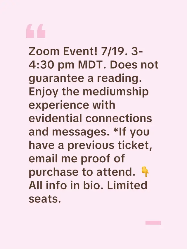 July 19! 3:00pm - 4:30 pm MDT. Limited seats. Non refundable. A more intimate setting then on live, does not guarantee a reading but you will leave experiencing the powerful messages that love lives on. All details in bio. Can’t wait! #mediumship #mediummarie #loveneverdies