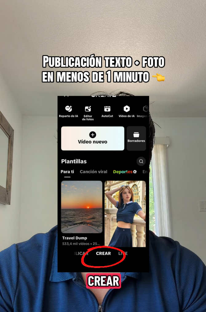 ¿No sabes qué publicar hoy? Prueba este truco. 👇 Mini tutorial: Publicación texto + foto. 1. Abre TikTok y toca +. 2. Entra a Crear → Plantillas. 3. Busca “Frases inspiradoras”. 4. Elige una plantilla. 5. Agrega una foto de tu galería. 6. Personaliza colores, texto y música. 7. Publica y listo. A veces no necesitas grabar un video nuevo. Una buena idea y una foto pueden ser suficientes para mantener tu constancia. #tiktoktips #photo #text #creadoresdecontenido #TikTokCreatorSearchInsightsIncentive 