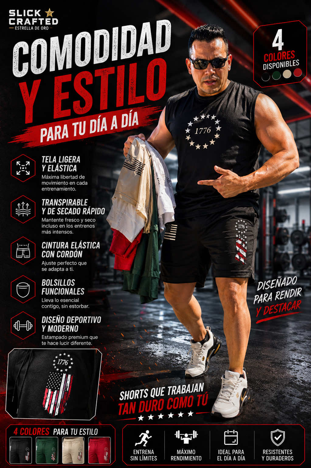 Men’s flag pattern star print casual fitness shorts en color negro, con cintura elástica y cordón ajustable para un fit más cómodo en gym, running, caminar o uso diario. Este set de 4 shorts deportivos para hombre tiene diseño gráfico patriótico, tela ligera y look casual fácil de combinar con tank tops, camisetas o hoodies. Si buscas shorts para hombre cómodos, llamativos y prácticos para entrenamiento o verano, esta opción destaca por cantidad, estilo y versatilidad. #DealsforYouDays #MensShorts #GymShorts #GraphicShorts #WorkoutWear men’s fitness shorts, shorts para hombre, casual graphic shorts, flag pattern shorts, star print shorts, gym shorts men, athletic shorts para hombre, elastic drawstring shorts, black workout shorts, men summer shorts, patriotic shorts men, running shorts men, casual sports shorts, 4 pack men shorts, TikTok Shop men clothing