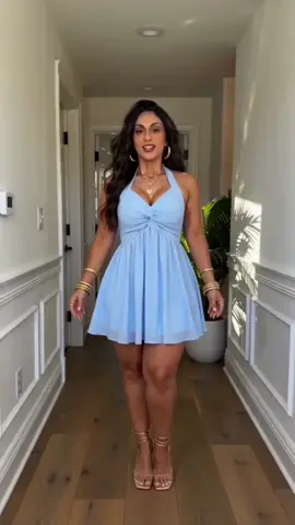 Halter twist front swing mini dress with smocked bow back for patriotic summer date looks. #FourthOfJulyOutfit #HalterMiniDress #TwistFrontDress #BackBowDress #SummerPicnicOutfit