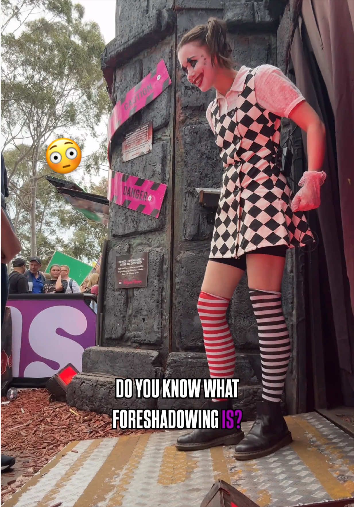 Who knows what foreshadowing is? 😁🙋🏻‍♀️  They were literally lil glitter ghost emojis, cute af, but what comes out of Trixie’s mouth? ‘foreshadowing’ 💀 This video is from September ‘25 working with @Hollywood Horrors at The Melbourne Royal Show as Trixie the Clown. 🤡 About me: hiya, I’m Courtney, an actor and comedian based in Mel, Aus. #comedian #clown #actor #hauntedhouse Contact my agent ‘Storm Actors’ to work with me!