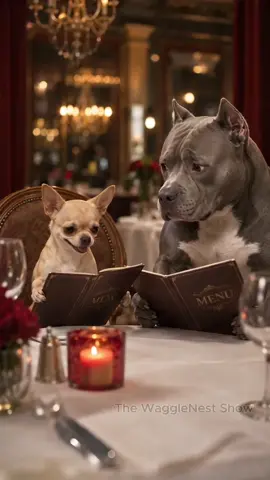 This tiny Chihuahua took his big friend to a fancy restaurant… then disappeared when the bill came 😂 #Chihuahua #BullyDog #FunnyDogs #DogComedy #AIVideo