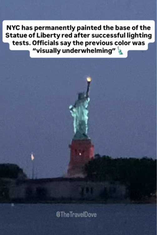 Happy July Fools’ Day! 🗽🇺🇸 NYC didn’t permanently paint the base of the Statue of Liberty red, but the Statue of Liberty was lit up in red, white, and blue ahead of the 4th of July and America’s 250th anniversary. How cool is that?! Happy almost 250th birthday, America! 🎉 #nyc #july4 #america250 #statueofliberty #newyork 