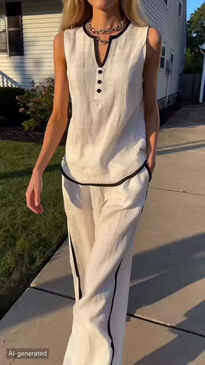 Women's Summer 2-Piece Pants & Top Set - Color-Block Sleeveless Top, Wide-Leg Pants, Casual Fashionable Design, Versatile for Everyday Wear #أزياء_صيفية_لطيفة #curvytwopieceset #summertwopieceset #casualtwopieceset #twopieceoutfitideas #women2piecesets #summeroutfitplussize #twopieceoutfits #twopiecepjset #pantsuitsforwomen #TikTokShopDealsforYouDays #SummerWins