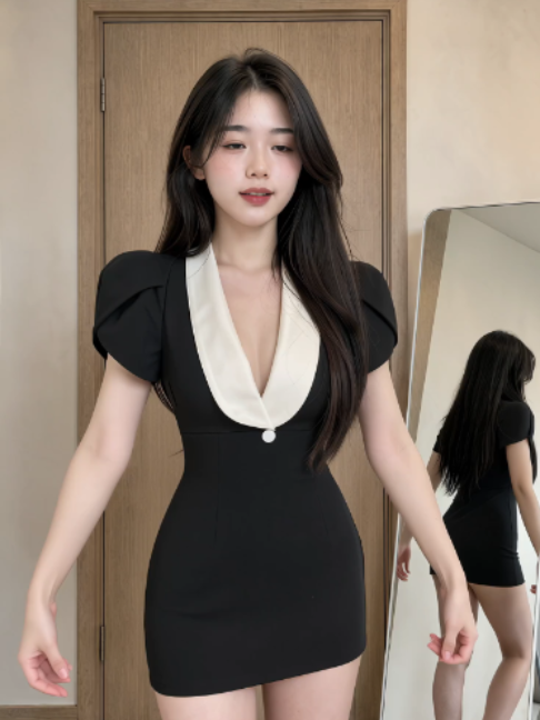 (Dài váy 77cm) Đầm Thiết Kế Sang Chảnh Cổ Cách Điệu Tay Phồng Xếp Điệu Đà Bacsic