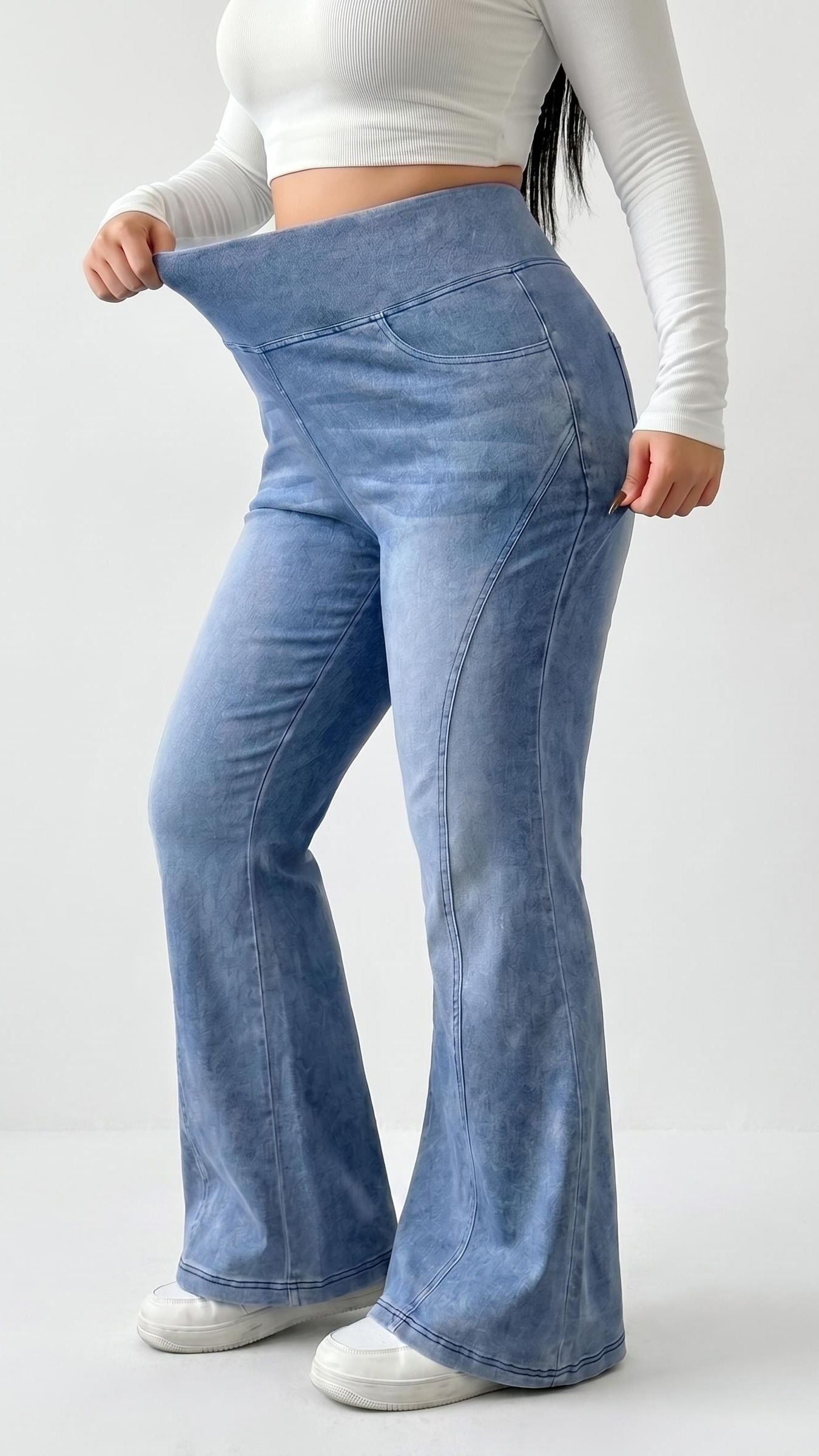 Plus Size women High Waist Stretch Denim Micro Flare Pants, Belly Control Butt Lift Light Blue Wash Four Way Elastic Jeans #denimdrawstringpants #plussizelegggings #fashionnovaplussize #plussizereviews #fionaflarejeans #plussizewomensclothing #plussizewesternboutique #plussizestylist #plussizestylingtips #lowriseflarejeans