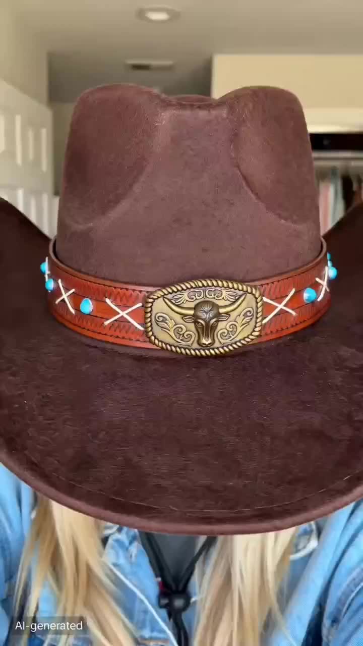 Vintage Western Cowboy Wide Brim Felt Hat, Cowboy Style Hat, Leather Turquoise Metal Buckle Windproof Rope, Outdoor Horseback Music Festival Party #vintagehats #4thofjulyhat #designerhat #hatsforwomen #cowgirlgifts #cowgirloutfits #cowboyshirt #cowboyaccessories #menswesternwear #westernbeltbuckles