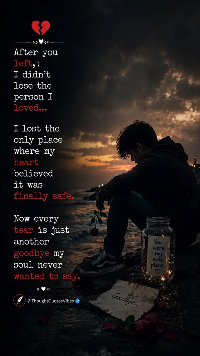After you left, I didn’t lose the person I loved... I lost the only place where my heart believed it was finally safe. Now every tear is just another goodbye my soul never wanted to say. #HeartbrokenSoul #DeepHeartQuotes #TearsSpeak #BreakupHealing #EmotionalVibes