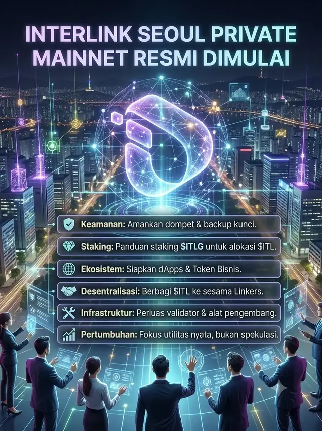 InterLink Seoul Private Mainnet resmi dimulai! Saatnya amankan wallet, siapkan staking $ITLG untuk alokasi $ITL, dukung dApps, perluas validator, berbagi ke sesama Linkers, dan bangun utilitas nyata, bukan sekadar spekulasi. #Interlink #ITLG #ITL #InterLinkSeoulPrivateMainnet 
