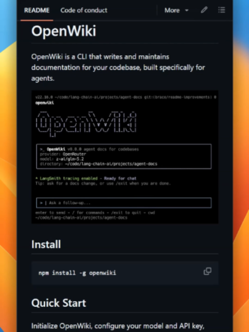 Agent docs usually rot because code changes faster than anyone updates the wiki. OpenWiki is a CLI that writes that documentation once, then keeps it current. Point it at your repo and it generates a wiki, then a daily GitHub Action opens a PR to refresh it as the code changes. It drops prompting into your AGENTS.md or CLAUDE.md automatically, so your agent knows to check it first. #github #opensource