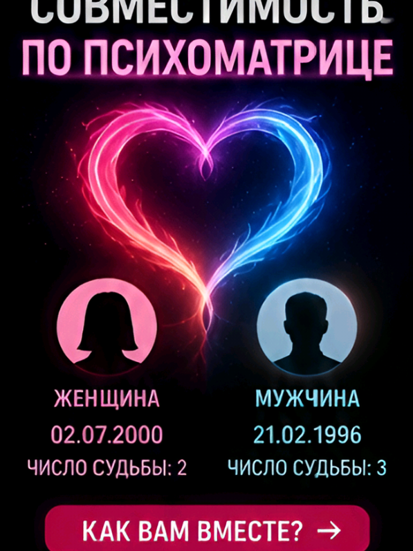Совместимость этой пары показывает интересный союз двух разных, но взаимодополняющих людей. Женщина привносит в отношения интуицию, вдохновение и эмоциональную глубину, а мужчина — стабильность, ответственность и стремление создавать прочный фундамент. Вместе они способны построить крепкий союз, если научатся слышать друг друга, открыто говорить о своих чувствах и не пытаться изменить партнера под себя. Как и в любых отношениях, здесь есть сильные стороны и точки роста. Именно понимание особенностей друг друга помогает избежать многих конфликтов и сделать союз более гармоничным. 💫 Помните: никакая психоматрица не определяет ваше будущее. Она лишь помогает увидеть сильные стороны, возможные слабые места и лучше понять себя и партнера. А то, какими будут ваши отношения, зависит только от вас. Судьба — в ваших руках, а психоматрица всего лишь ключ, который помогает открыть дверь к осознанности и взаимопониманию. ❤️ #психоматрица#нумерология #магиячисел #рек #рекомендации 