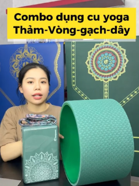 Combo dụng cụ yoga xanh rêu chính hãng Leequeen - Thảm cao su Lumira Rêu - vòng 20cm - gạch 220gram - dây 1.8m  #leequeen #thamyoga #thamcaosunon