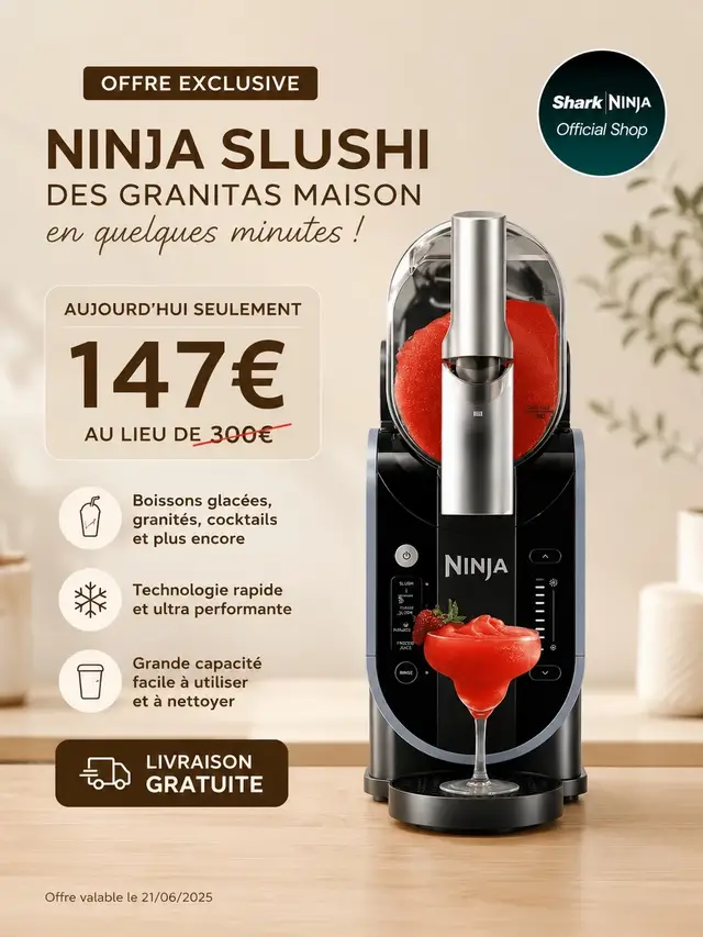 🔥 Promotion exceptionnelle : 147 € au lieu de 300 € 🚚 Livraison gratuite ⏳ Offre valable aujourd’hui (04/07/2026) uniquement, dans la limite des stocks disponibles. ✔️ Granités, smoothies glacés, cocktails et boissons frappées ✔️ Utilisation simple et rapide ✔️ Résultat onctueux en quelques minutes ✔️ Idéale pour toute la famille ⚠️ Les stocks partent très vite, profitez-en avant la fin de l’offre ! 💥