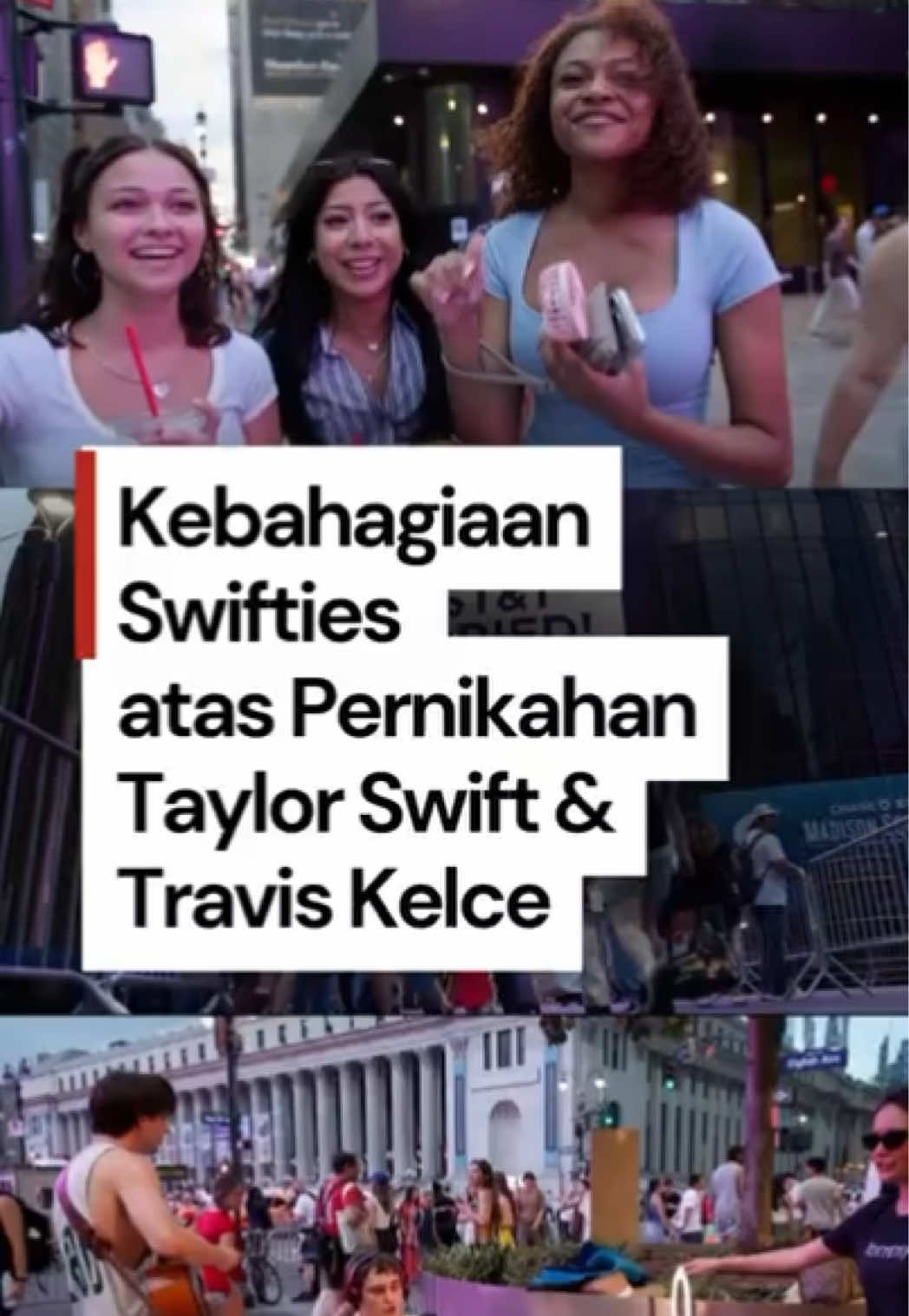 Taylor Swift dan Travis Kelce resmi menikah pada Jumat (3/7/2026) waktu New York di Madison Square Garden (MSG). Momen bahagia pasangan tersebut disambut antusias para penggemar. Di luar Madison Square Garden, para Swifties ikut merayakan pernikahan Taylor Swift dan Travis Kelce sambil menyampaikan ucapan selamat kepada pasangan tersebut.  Creator: Daffa Ridwan