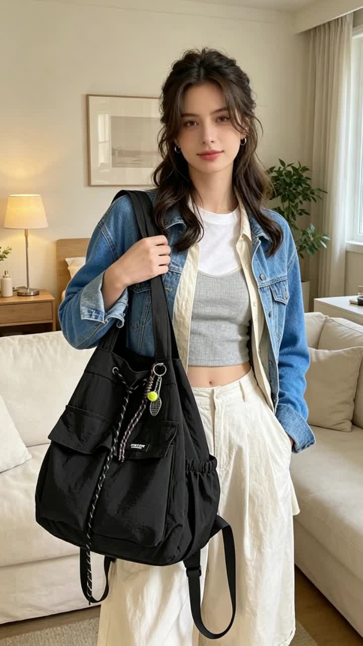 Black Drawstring Multi-Pocket Nylon Tote Bag with Tennis Charm | 2-Way Handheld Crossbody Large Capacity Shopper ✨
 #BlackNylonToteBag #DrawstringAdjustableShoulderBag #MultiPocketStudentCarryall #CasualKoreanRelaxedFashion #BagTok #OOTD #TikTokMadeMeBuyIt #FYP