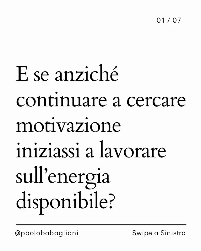 Non trovi motivazione, ti senti svogliato, non riesci a iniziare le cose. Ti dicono di trovare il perché, darti obiettivi, uscire dalla comfort zone. Ma se il tuo corpo non ha energia disponibile la motivazione NON arriva. È come cercare di accendere un fuoco con la legna bagnata. Non ti manca la disciplina, non ti manca la forza di volontà, non sei pigro. Ti manca il carburante. In questo carosello ti mostro perché la motivazione dipende dall’energia e cosa succede quando lavori su quella prima di tutto il resto. 💪🏻 Scrivimi in privato ‘INVINCIBILE’ se sei stanco di vivere annebbiato e senza energia: potresti accedere al mio ADDESTRAMENTO per diventare la versione di te che affronta ogni sfida con lucidità e potenza! ➖➖ Per contenuti su Sistema Neuroenergetico, Stile di Vita, Energia, Sonno, Lucidità e Stabilità: 👉🏻Segui @paolobabaglioni  👉🏻Segui @paolobabaglioni 👉🏻Segui @paolobabaglioni  ➖➖ #motivazione #mancadimotivazione #stanchezzacronica #energiamentale #disciplina
