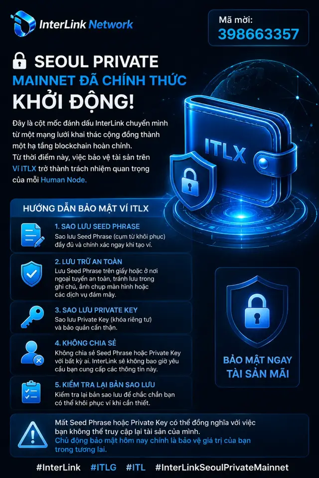 🔐 Seoul Private Mainnet đã chính thức khởi động! Đây là cột mốc đánh dấu InterLink chuyển mình từ một mạng lưới khai thác cộng đồng thành một hạ tầng blockchain hoàn chỉnh. Từ thời điểm này, việc bảo vệ tài sản trên Ví ITLX trở thành trách nhiệm quan trọng của mỗi Human Node. Để đảm bảo an toàn cho ITLG và ITL của bạn, hãy thực hiện ngay các bước sau: ✅ Sao lưu Seed Phrase (cụm từ khôi phục) đầy đủ và chính xác ngay khi tạo ví. ✅ Lưu Seed Phrase trên giấy hoặc ở nơi ngoại tuyến an toàn, tránh lưu trong ghi chú, ảnh chụp màn hình hoặc các dịch vụ đám mây. ✅ Sao lưu Private Key (khóa riêng tư) và bảo quản cẩn thận. ✅ Không chia sẻ Seed Phrase hoặc Private Key với bất kỳ ai. InterLink sẽ không bao giờ yêu cầu bạn cung cấp các thông tin này. ✅ Kiểm tra lại bản sao lưu để chắc chắn bạn có thể khôi phục ví khi cần thiết. Hãy nhớ rằng: Mất Seed Phrase hoặc Private Key có thể đồng nghĩa với việc bạn không thể truy cập lại tài sản của mình. Chủ động bảo mật hôm nay chính là bảo vệ giá trị của bạn trong tương lai. #InterLink #ITLG #ITL #InterLinkSeoulPrivateMainnet