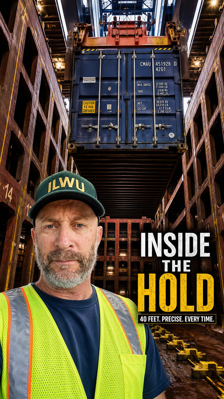 Standing inside the hold of a Post-Panamax container ship as a 40-foot container drops through the cell guides with pinpoint precision. This is what longshore work looks like from the inside. #Longshoreman#ILWU#ContainerShip#PortLife#CraneDaddy