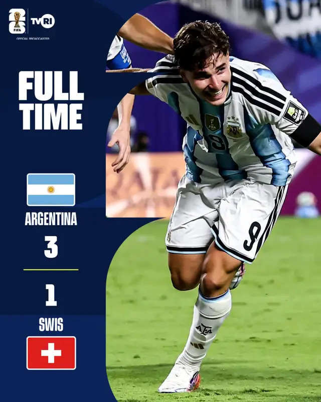 Pencetak Gol ⚽️ Argentina 🇦🇷: Alexis Mac Allister (10'), Julian Alvarez (112')  Lautaro Martinez (120+1')  Swis 🇨🇭: Dan Ndoye (67')  Kartu Merah 🟥 Swis 🇨🇭: Breel Embolo (72')  Argentina melaju ke semifinal Piala Dunia 2026 usai mengalahkan Swis di Kansas City 👏🏼  Gol Mac Allister serta sumbangan Alvarez dan Martinez saat extra time memastikan tiket empat besar untuk La Albiceleste 🎫  Ini berarti upaya Lionel Messi dan kawan-kawan mempertahankan trofi terjaga 🏆  Selanjutnya, di semifinal, Argentina sudah ditunggu Inggris. Wah, bakal menarik nih, TVRISportsters 🔥  #tvriworldcup #FIFAWorldCup #tvrisports #pialadunia2026 #bolagembira
