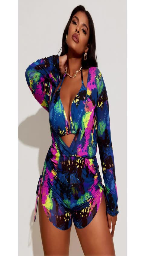 Women Plus Size 3 Piece Splash Paint Print Swim Cover Up Set, Halter Deep V Bikini Top, Side Drawstring Shorts & Long Sleeve Wrap Mesh Romper for Beach Vacation 