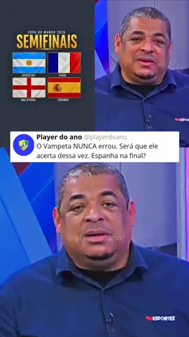 As semifinais da Copa do Mundo de 2026 estão definidas e reunirão apenas campeãs mundiais nos Estados Unidos.  Na terça-feira, dia 14 de julho, França e Espanha reeditam a última semifinal da Eurocopa em Dallas. Na quarta-feira, dia 15, a atual campeã Argentina reencontra a Inglaterra em Atlanta, revivendo um clássico histórico do torneio.  Os vencedores garantem vaga na grande final do dia 19 de julho, em Nova York. O Vampeta está apostando na Espanha. #copadomundo #semifinal #futebol #vampeta 