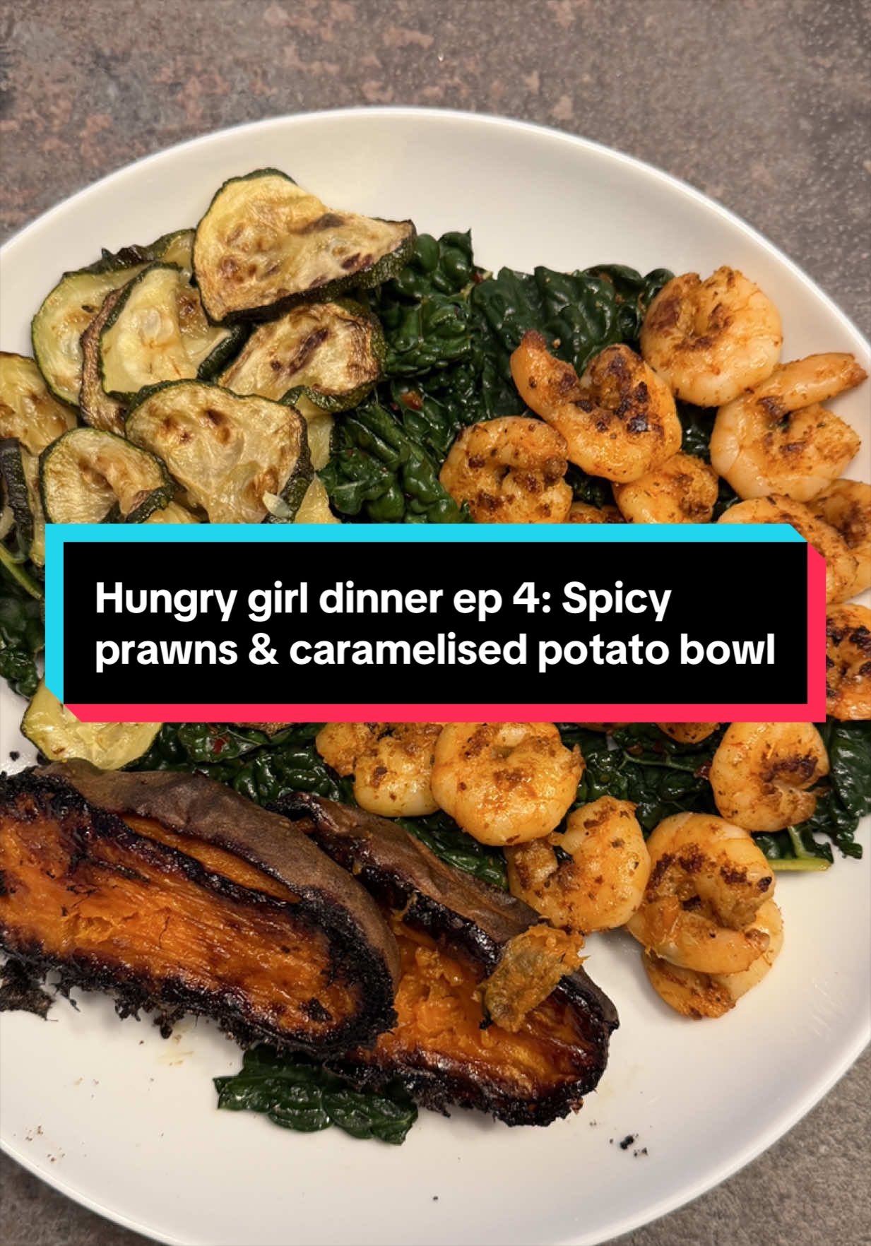 HUNGRY GIRL DINNERS EP 4 If you’re a hungry girl looking for high volume, high protein and high fibre recipes this series is for you, make sure you save this one and let me know in the comments if you give it a go. 📌 449 cals, 38g protein, 10g fibre SERVES 1: For the prawns -  4g cajun seasoning 165g raw king prawns 1/2 tsp olive oil For the sweet potato -  1 sweet potato (about 200g raw weight) 1/2 tsp olive oil Flakey salt For the cavolo nero (serves 3 - I used 2 portions in this) -  1 packet of cavolo nero  1/2 tsp olive oil 2 garlic cloves (minced) 1 tsp chopped chilli For the courgette -  1 courgette (finely sliced) Olive oil spray 1. Start by deveining your prawns and marinating in the olive oil and cajun seasoning and leaving to the side.  2. Cut your sweet potato in half lengthways, rub with olive oil and cook inside down at 200C for 45-60 mins.  3. Add the courgette slices to baking sheet, spray with olive oil and bake for 25 mins at 200C. 4. Remove the tough stem from the cavolo nero and chop into chunks, mince your garlic then 5 minutes before everything is finished, heat the oil over a medium heat, add the garlic and chilli and then the rinsed and damp cavolo nero. 5. Dry fry the prawns over a medium heat until golden and fully cooked. 6. Serve up and ENJOY! #EasyRecipes #EasyRecipe #dinner #DinnerIdeas #volumeeating 