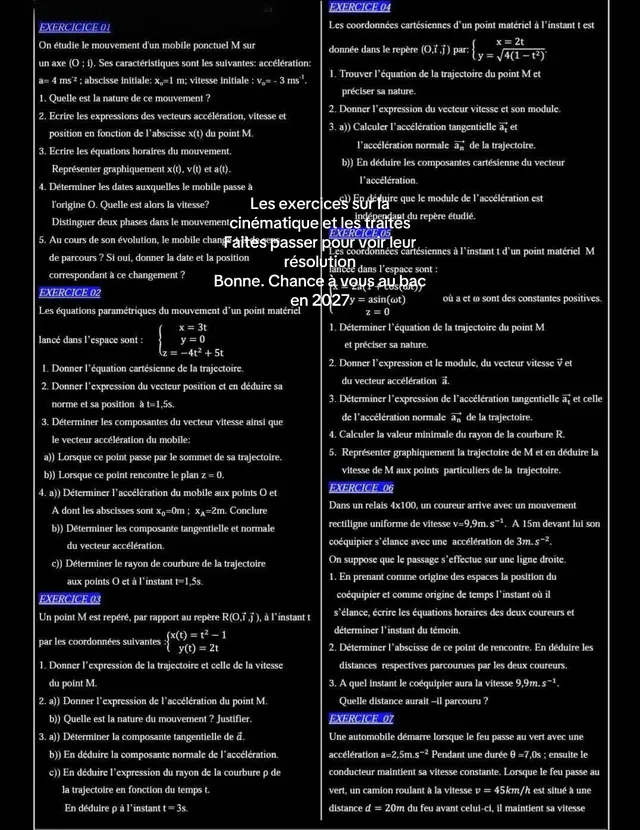 Exercices sur la Cinématique et solutions 