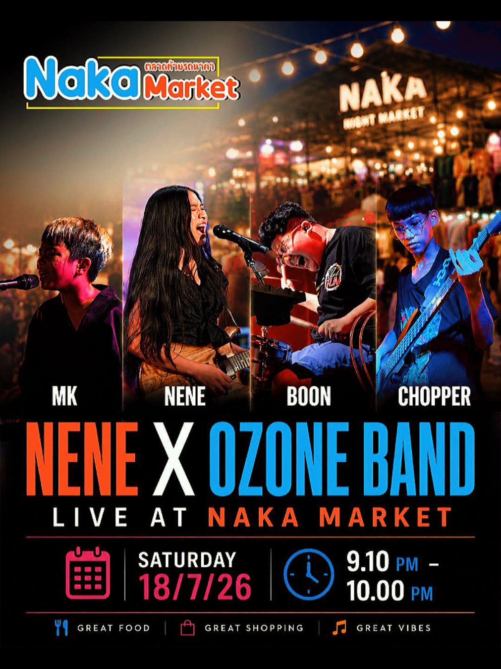 วันเสาร์นี้แวะมาให้กำลังใจมาชมNene Ozone band และพี่ๆวงundergroundRock ที่ตลาดนาคา ไม่มีเก็บบัตรเข้าชมนะคะ มาสนุกด้วยกัน หรือติดตามLiveสดผ่านทางช่องได้เลยค่ะ  #ozoneband  #nakamarketphuket  #Neneroyal #SSL