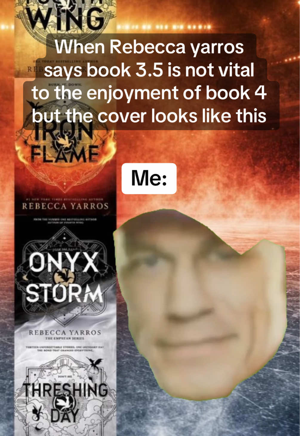 Come on Rebecca, we know this book is absolutley vital! 🤣 Are you guys excited to read Theshing Day on September 29th?  #empyreanseries #threshingday #fourthwingrebeccayarros #rebeccayarros #fourthwingbook 