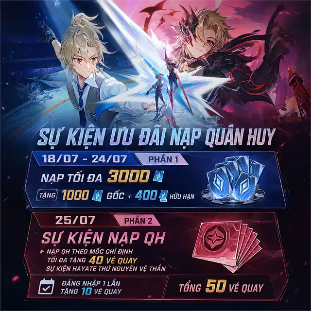 Sự kiện ưu đãu nạp Quân Huy dịp AOV Day từ ngày 18/07-24/07, từ ngày 25/07 nạp QH theo mốc nhận vé quay Hayate TNVT. ( Nguồn: AOV News, Ảnh1: Archangel AOV ) #lienquanmobile #skinlienquan #sukienlienquan #gwen_aov #xuhuongtiktok 